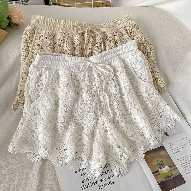 Boho Crochet High Waist Lace Up Shorts 10