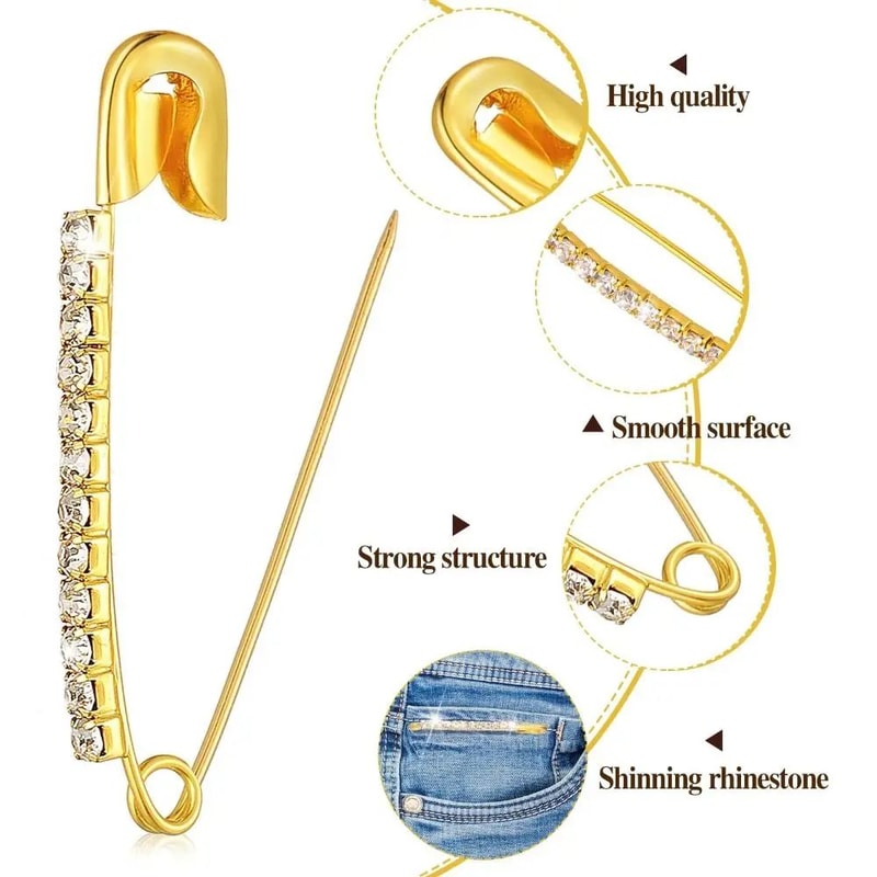 Gold Rhinestone Safety Pin Brooch Sweater Clip 1
