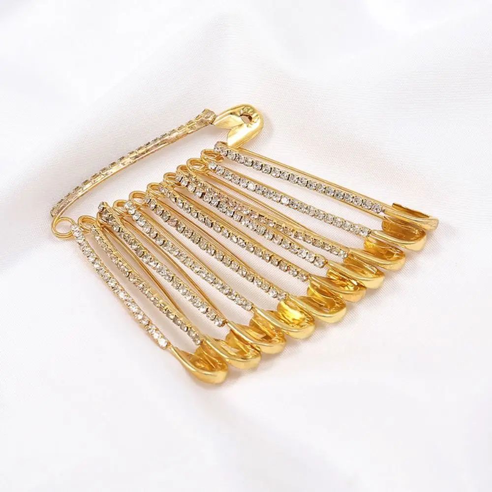 Gold Rhinestone Safety Pin Brooch Sweater Clip 5