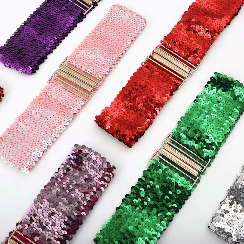 Women Wide Sequin Elastic Waist Belt 10