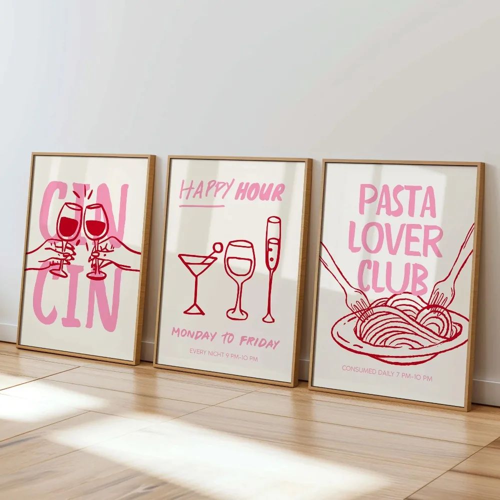 Retro Cocktail And Pasta Wall Art Set 7