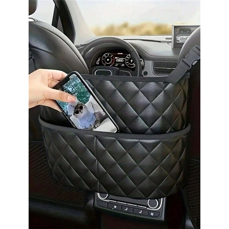 Large Capacity Car Middle Seat Storage Net Leather Organizer Bag 1