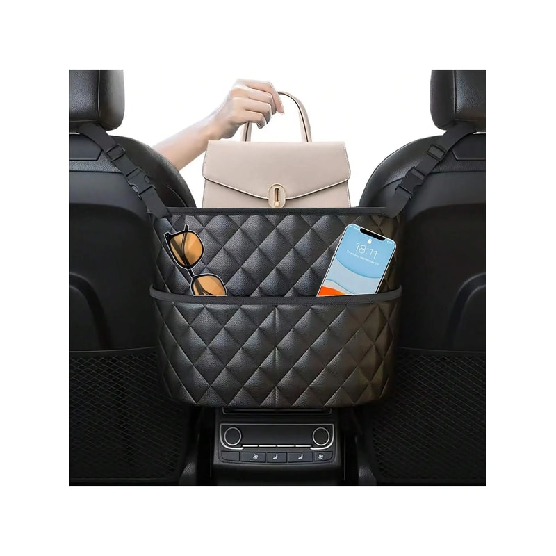 Large Capacity Car Middle Seat Storage Net Leather Organizer Bag 7