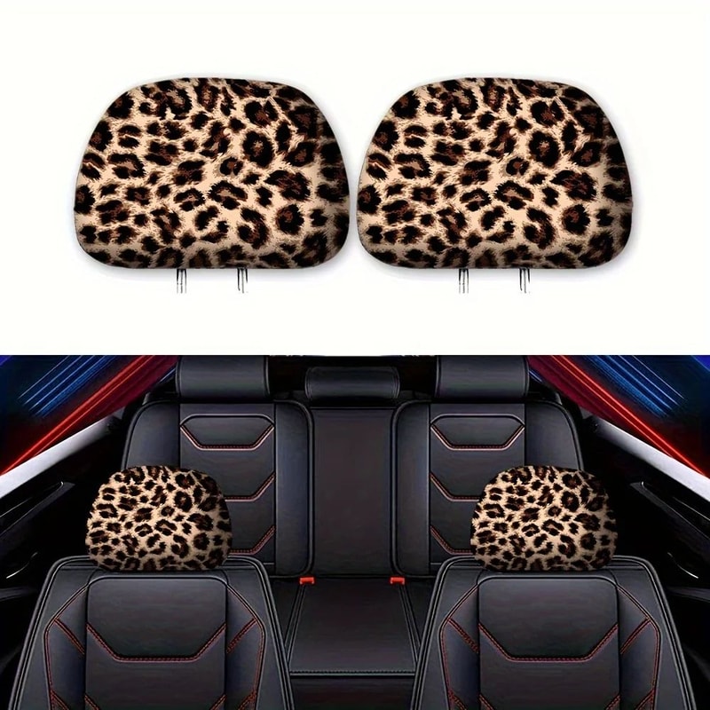 Leopard Print Car Headrest Cover Set 2pcs 0