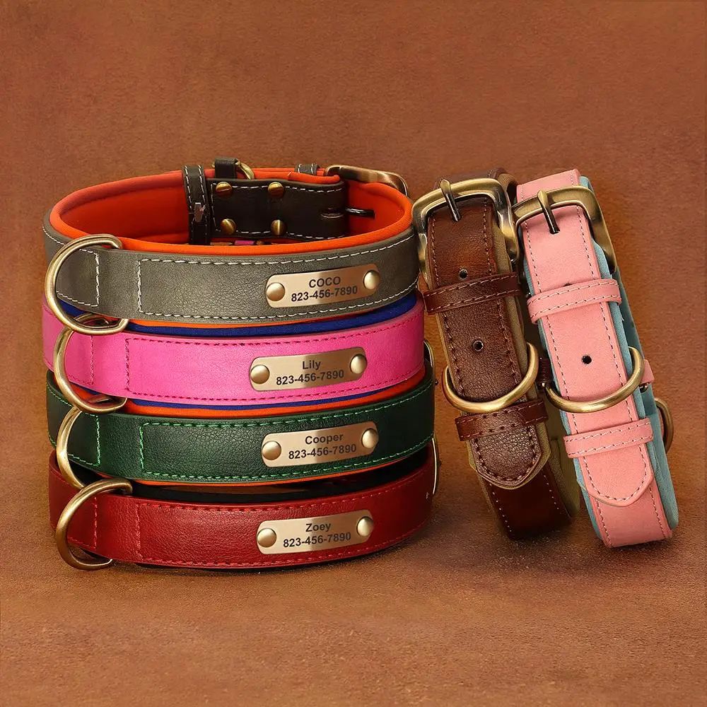 Personalized PU Leather Dog Collar With Engraved Nameplate 3