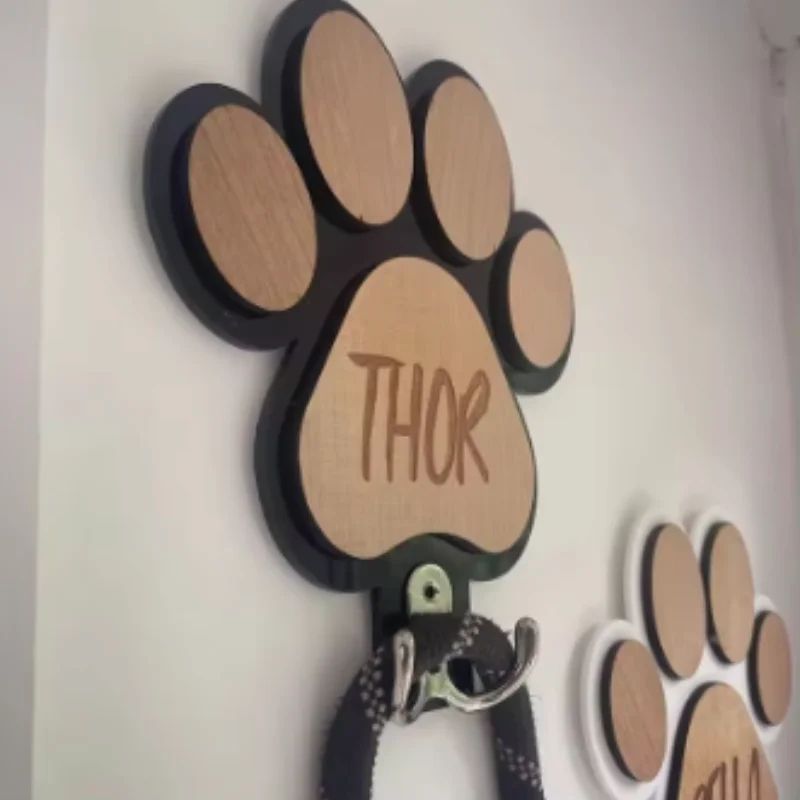 Custom Wooden Paw Print Dog Leash Wall Hook 2