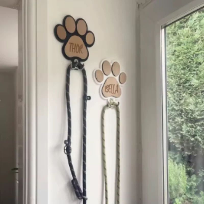 Custom Wooden Paw Print Dog Leash Wall Hook 5