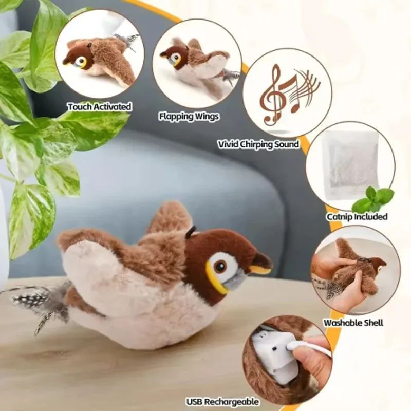 Interactive Bird Sound Plush Cat Toy With Elastic Rope 3