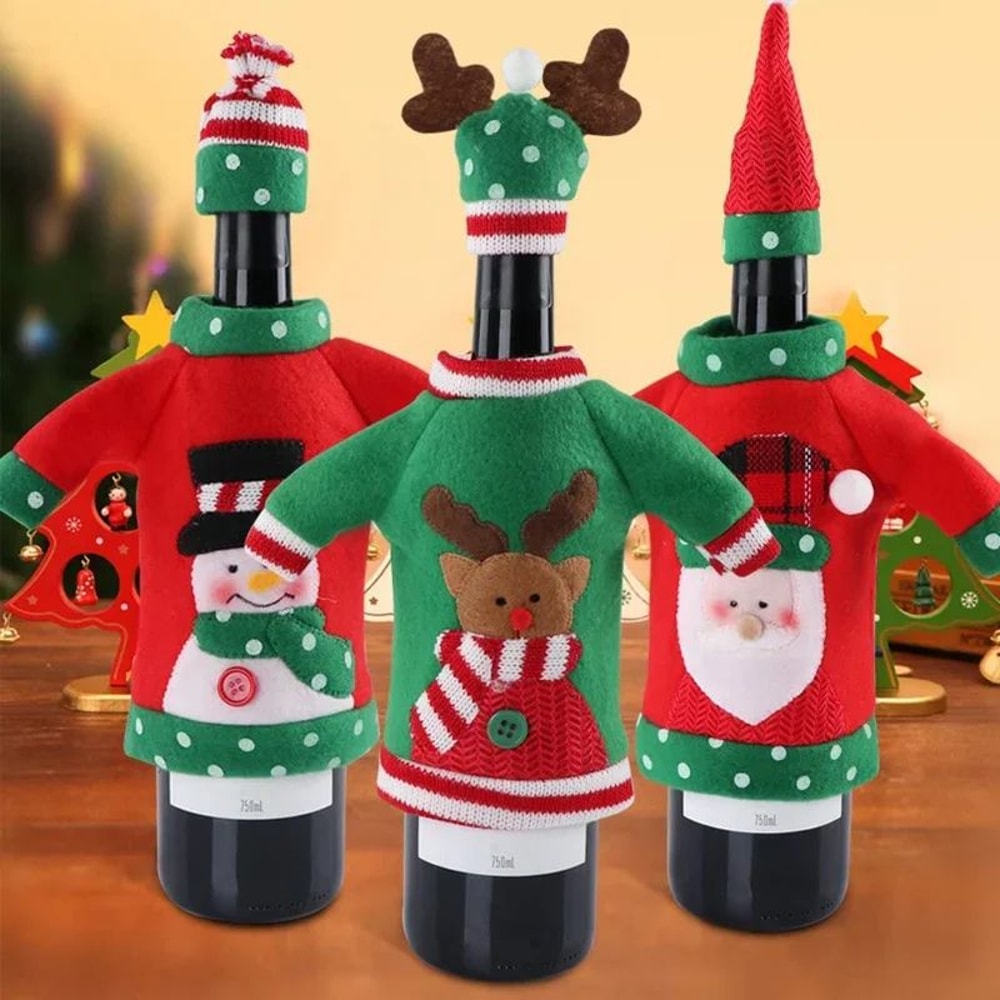 Christmas Wine Bottle Cover Set With Santa And Snowman Design 3