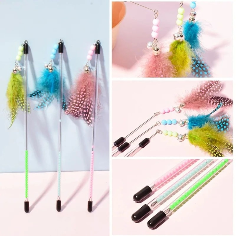 Retractable Feather Teaser Wand Cat Toy Set 5