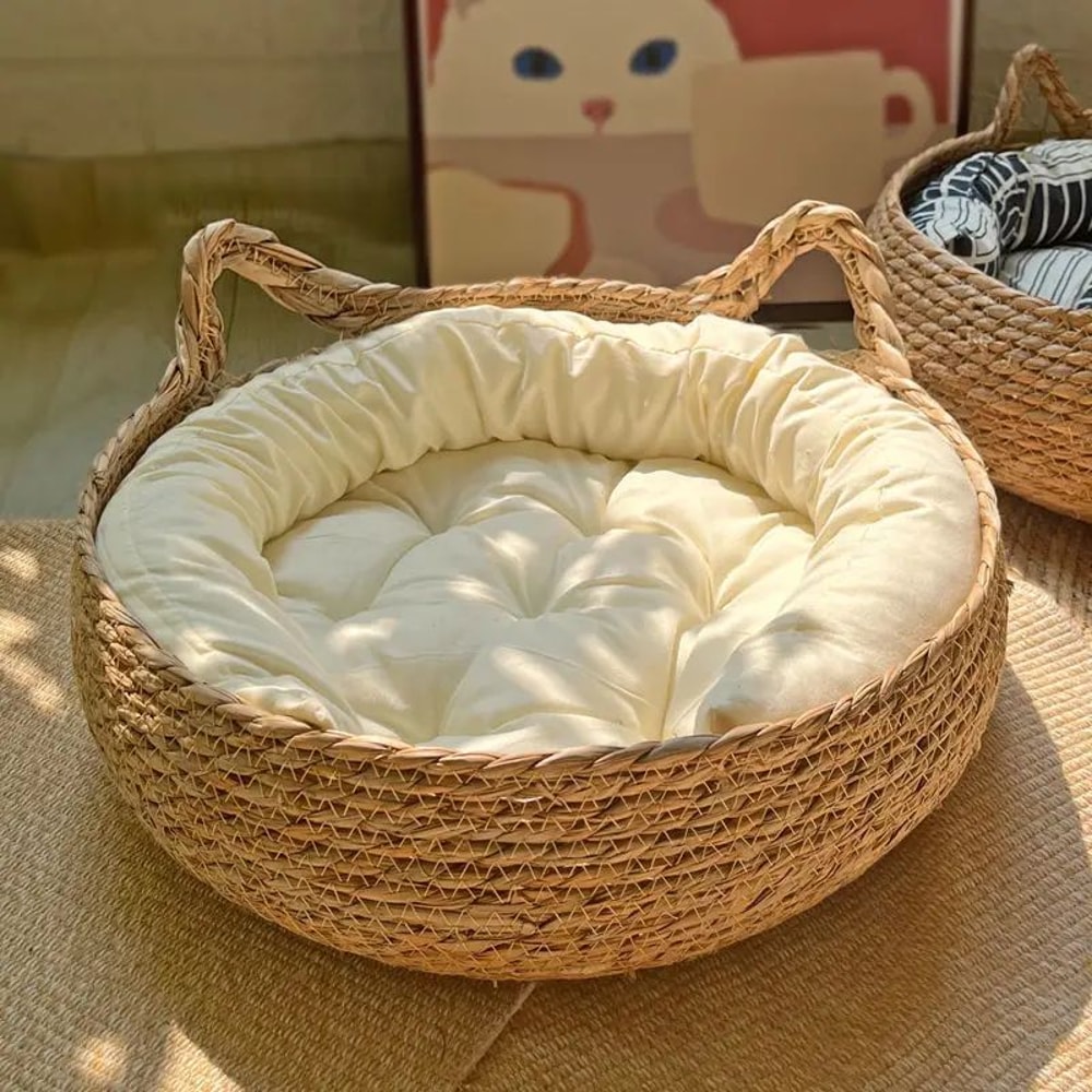 Rattan Woven Cat Basket Bed With Soft Cushion 7