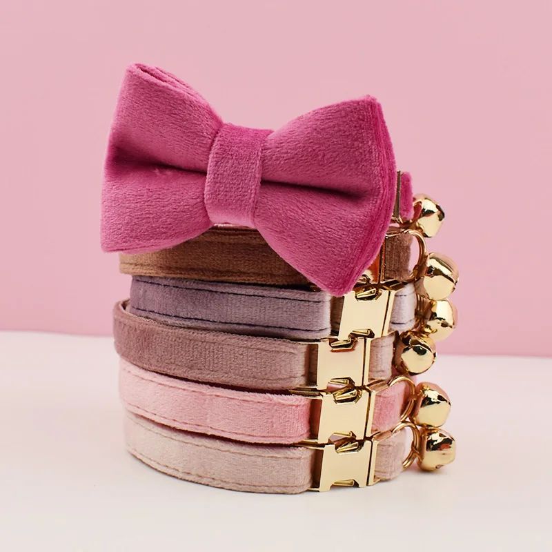Personalized Velvet Cat Collar With Bow Tie And Bell 0