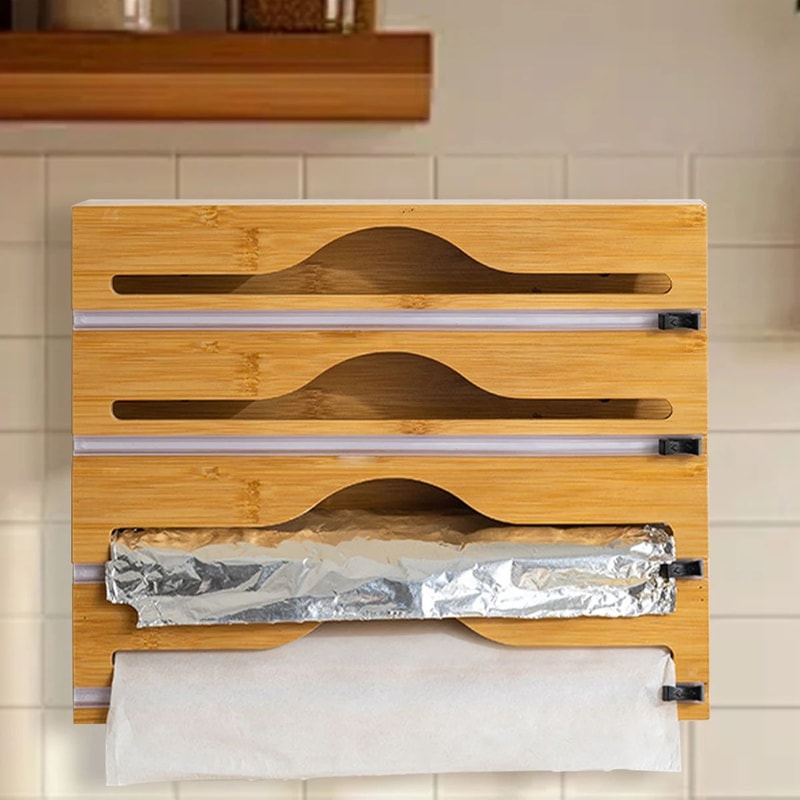 Bamboo Kitchen Wrap Dispenser With Built In Cutter 5