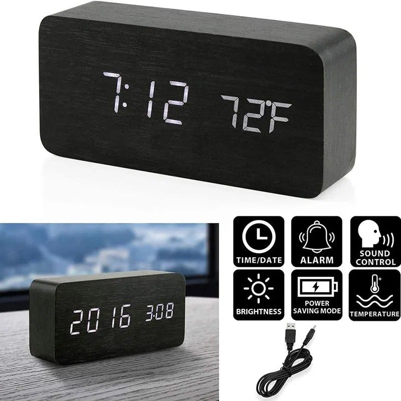 Woodgrain Luxe LED Alarm Clock Digital Wooden Desk Clock With Temperature Display 9