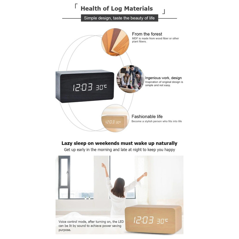 Woodgrain Luxe LED Alarm Clock Digital Wooden Desk Clock With Temperature Display 1