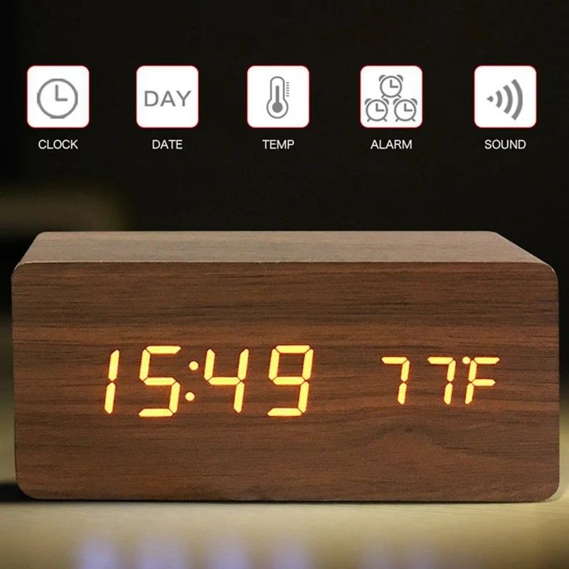 Woodgrain Luxe LED Alarm Clock Digital Wooden Desk Clock With Temperature Display 3