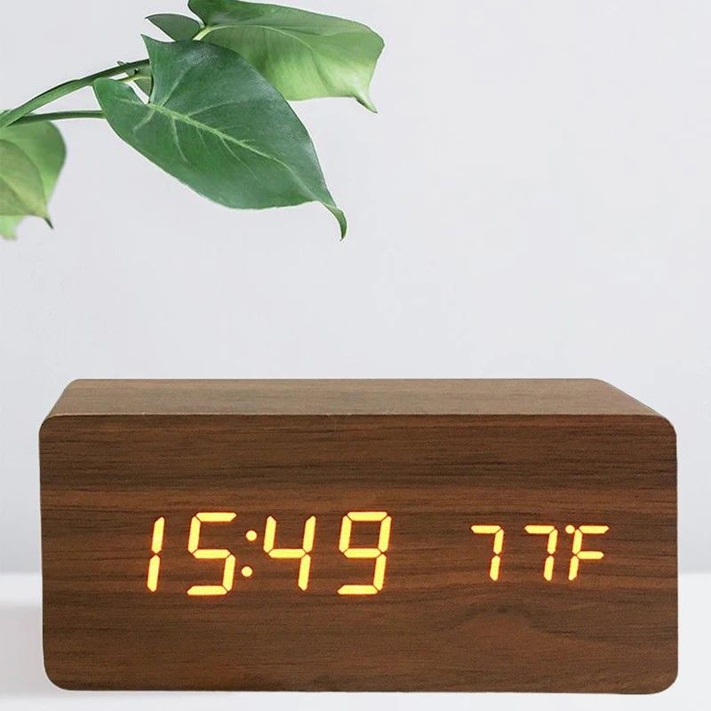 Woodgrain Luxe LED Alarm Clock Digital Wooden Desk Clock With Temperature Display 4