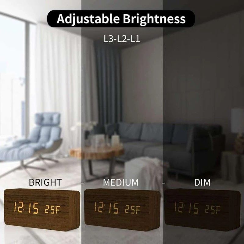 Woodgrain Luxe LED Alarm Clock Digital Wooden Desk Clock With Temperature Display 5