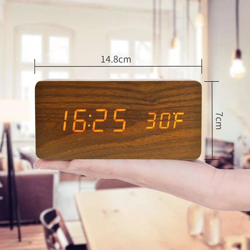 Woodgrain Luxe LED Alarm Clock Digital Wooden Desk Clock With Temperature Display 7