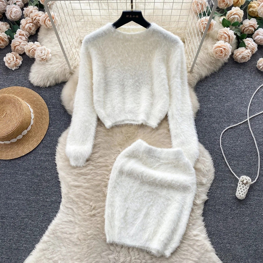 Elegant Harmony Knit Set Pullover HighWaist Skirt TwoPiece Outfit Korean Style Sweater Set 1