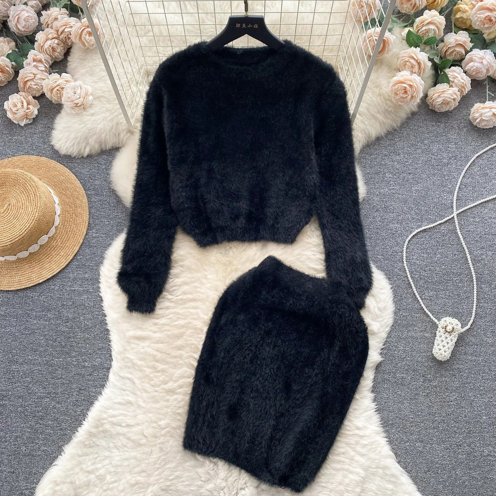Elegant Harmony Knit Set Pullover HighWaist Skirt TwoPiece Outfit Korean Style Sweater Set 2