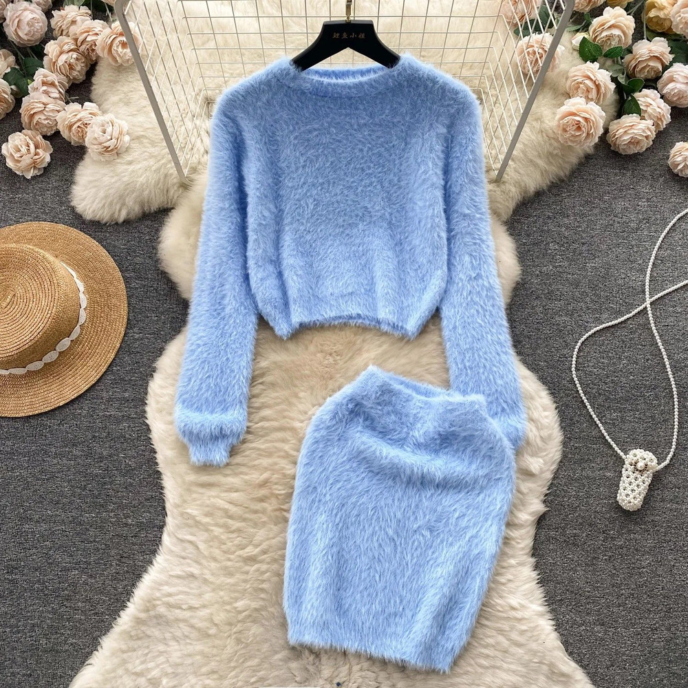 Elegant Harmony Knit Set Pullover HighWaist Skirt TwoPiece Outfit Korean Style Sweater Set 3