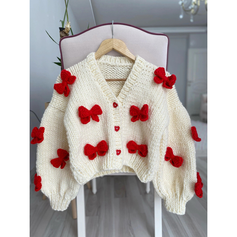 Vintage Embroidered Knit Cardigan Red White RoundNeck Layering Jacket 1