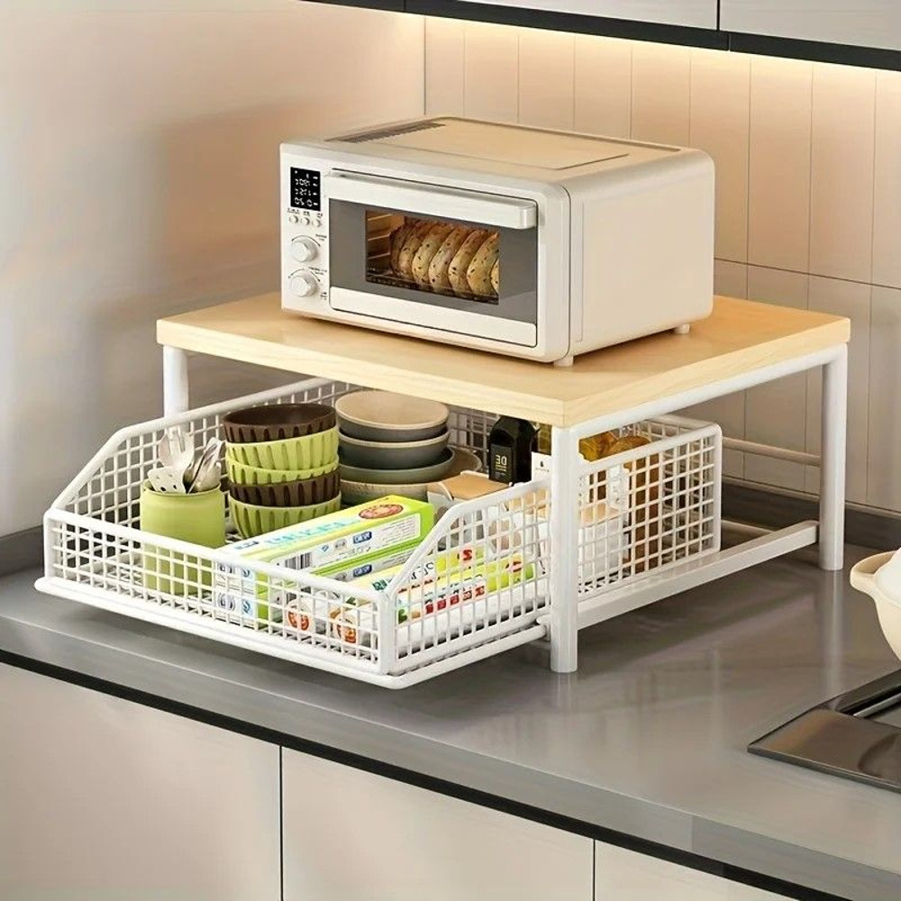 SolidWood Metal Countertop Microwave Rack SpaceSaving Kitchen Storage Stand 0