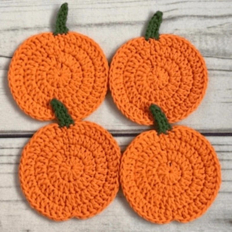Cozy Pumpkin Crochet Coaster Set Handcrafted Autumn Drink Pads For Fall Farmhouse Decor Halloween 0