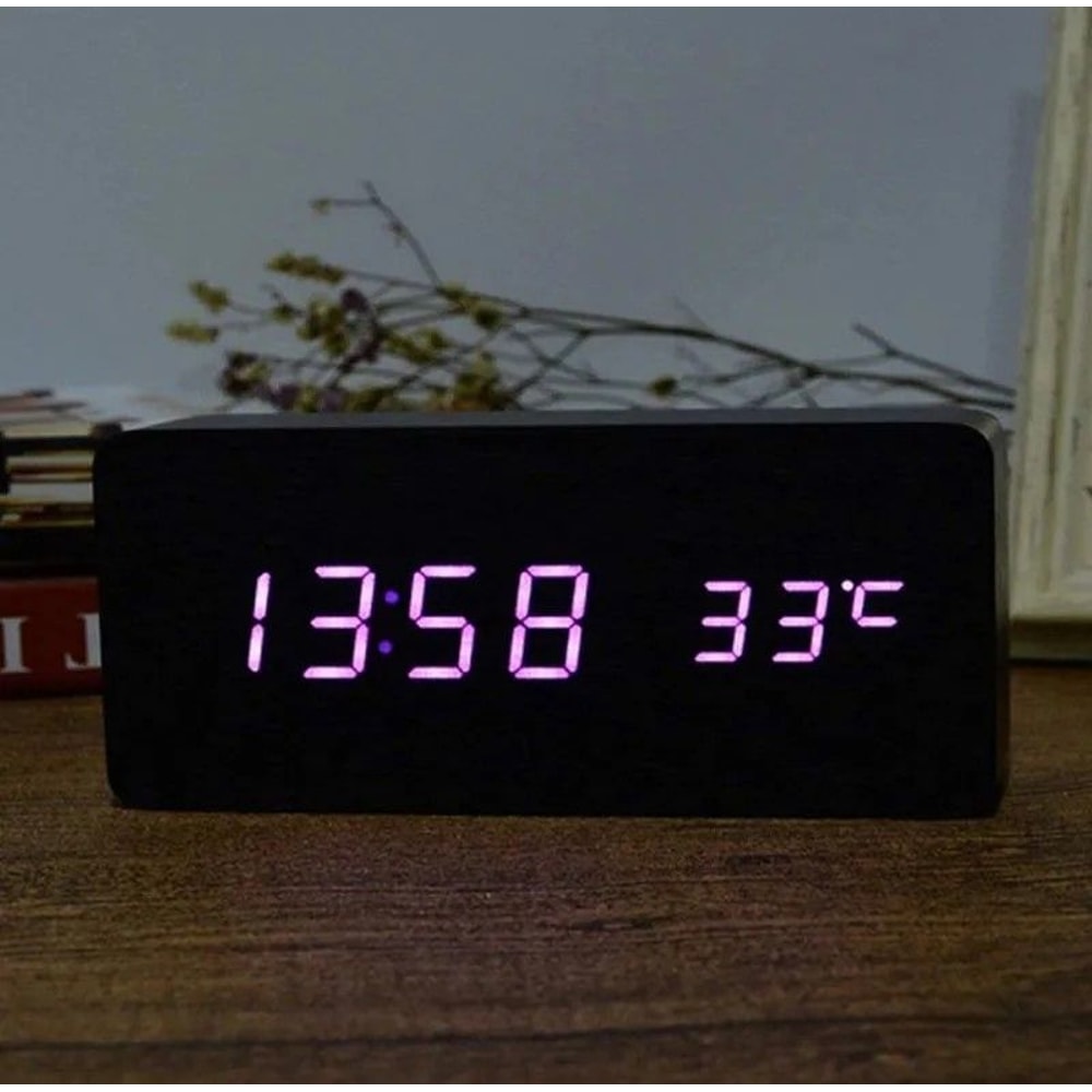 Woodgrain Luxe LED Alarm Clock Digital Wooden Desk Clock With Temperature Display 14