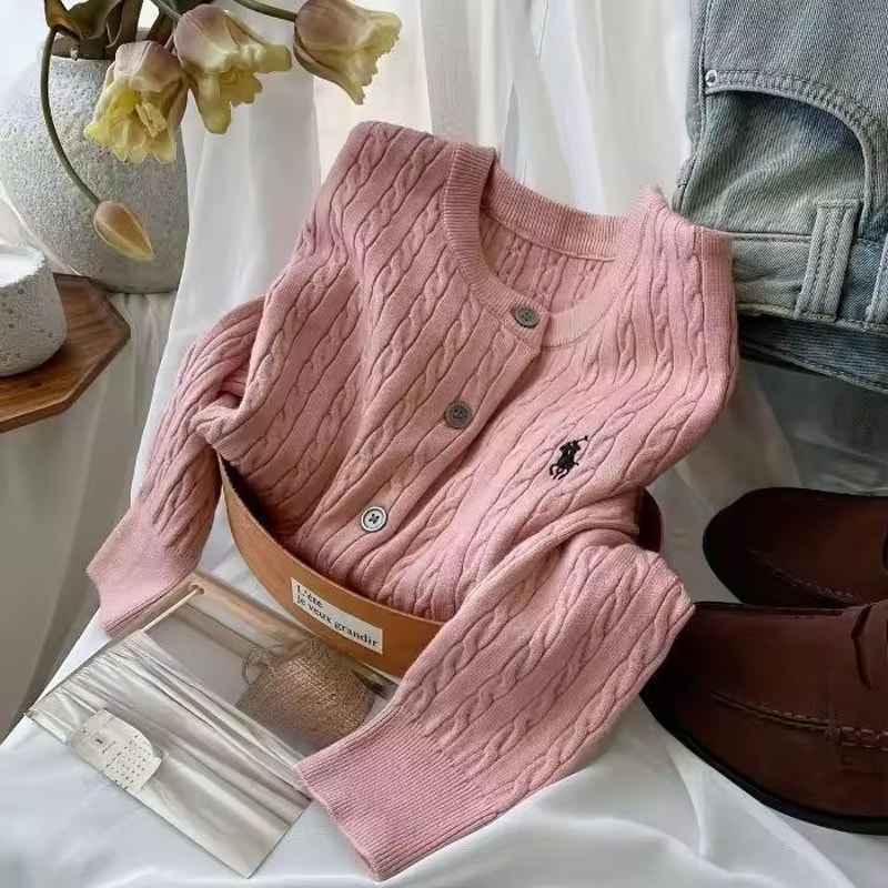 Vintage Embroidered Knit Cardigan Red White RoundNeck Layering Jacket 1