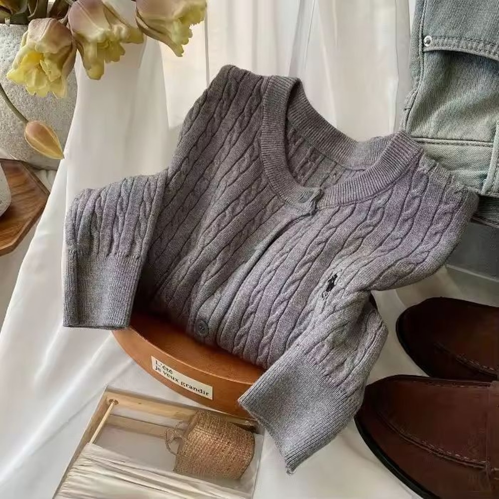 Vintage Embroidered Knit Cardigan Red White RoundNeck Layering Jacket 3