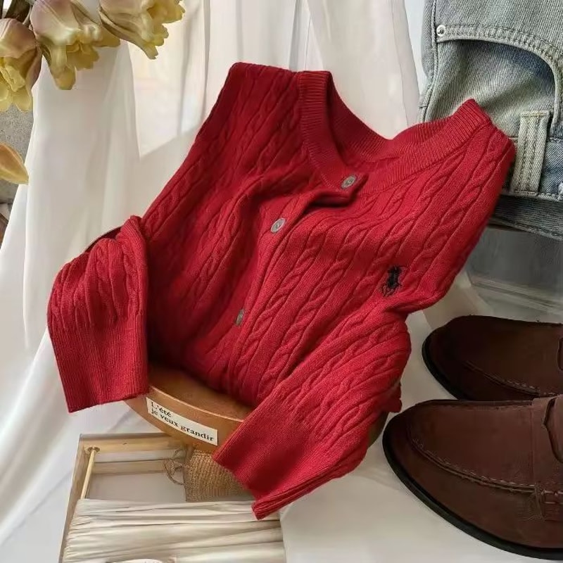 Vintage Embroidered Knit Cardigan Red White RoundNeck Layering Jacket 7