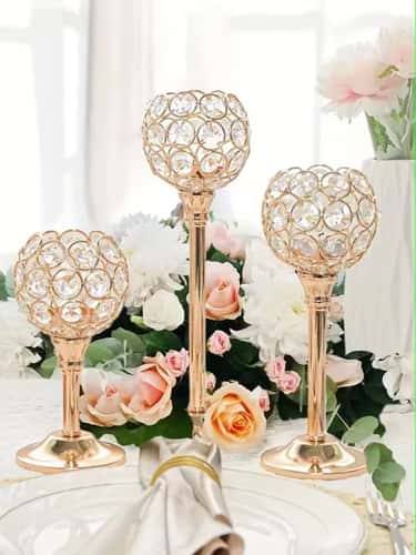 Luxora Golden Crystal Candle Holder - Elegant Tealight & Centerpiece Stand (Set of 1 / 3)