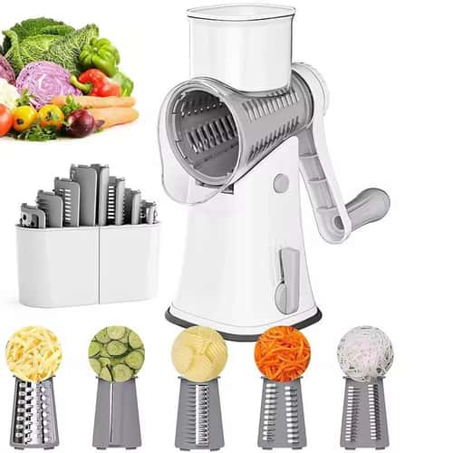 Compact 5-in-1 Rotary Cheese Grater & Mandoline Slicer - Multifunctional Vegetable Slicer & Nut Chopper