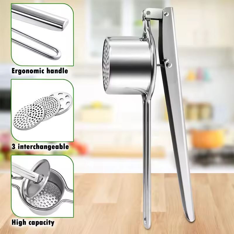 LMETJMA Premium Stainless Steel Potato Ricer Masher Manual 3Disc Press For Fluffy Mash And Smooth 1