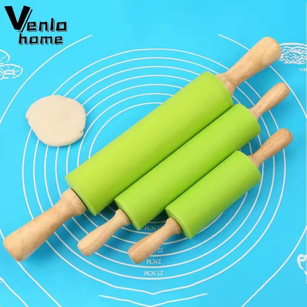 SiliconeCoated NonStick Rolling Pin With Wooden Handles Easy Dough Roller Pastry Tool 0