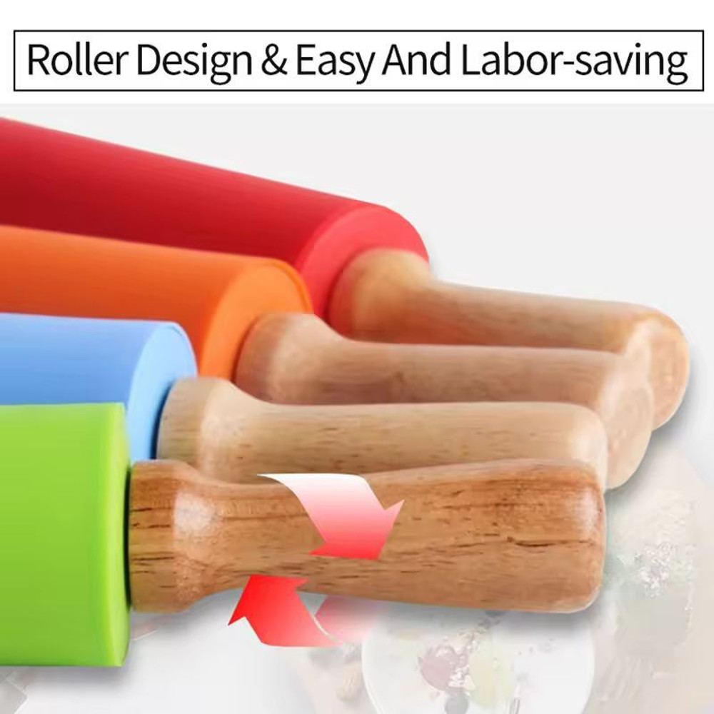 SiliconeCoated NonStick Rolling Pin With Wooden Handles Easy Dough Roller Pastry Tool 2