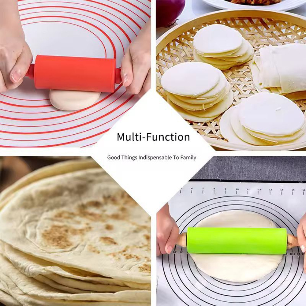 SiliconeCoated NonStick Rolling Pin With Wooden Handles Easy Dough Roller Pastry Tool 5