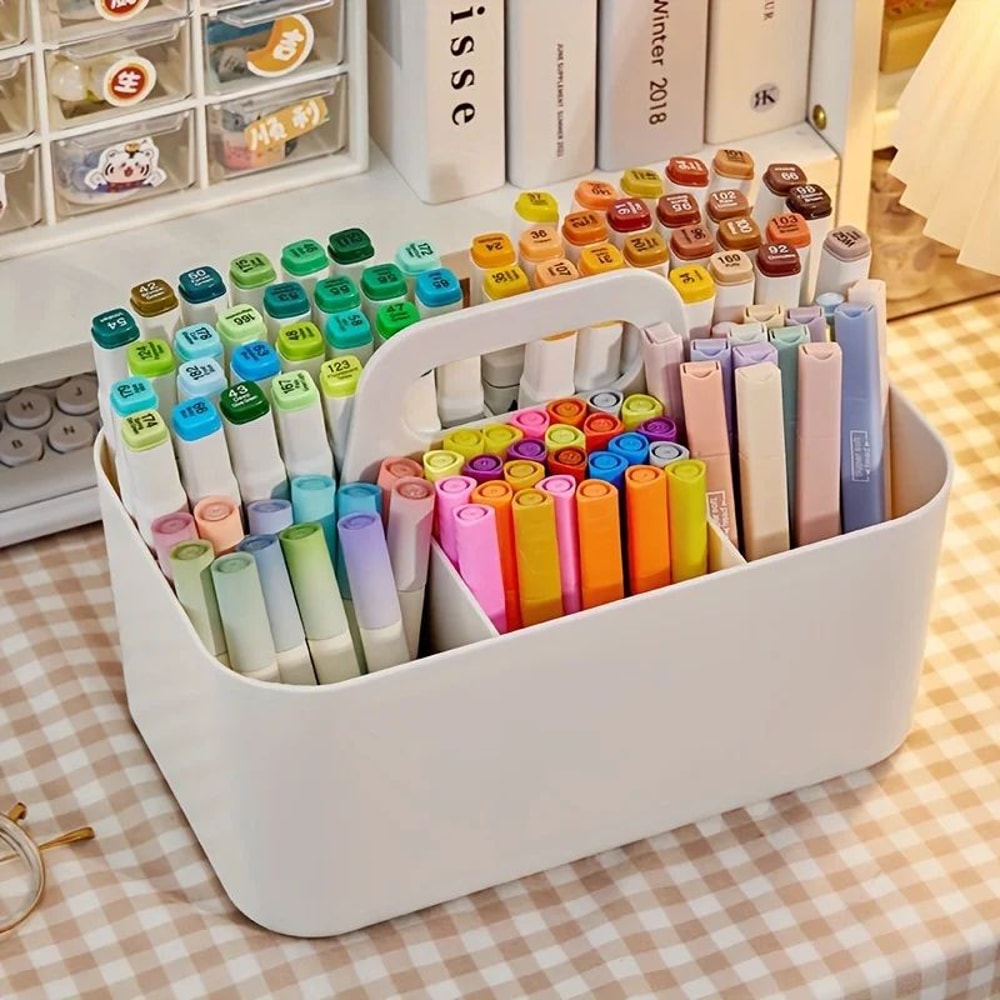 Compact 5Compartment Portable Desk Organizer Plastic Storage Basket With Handle 0