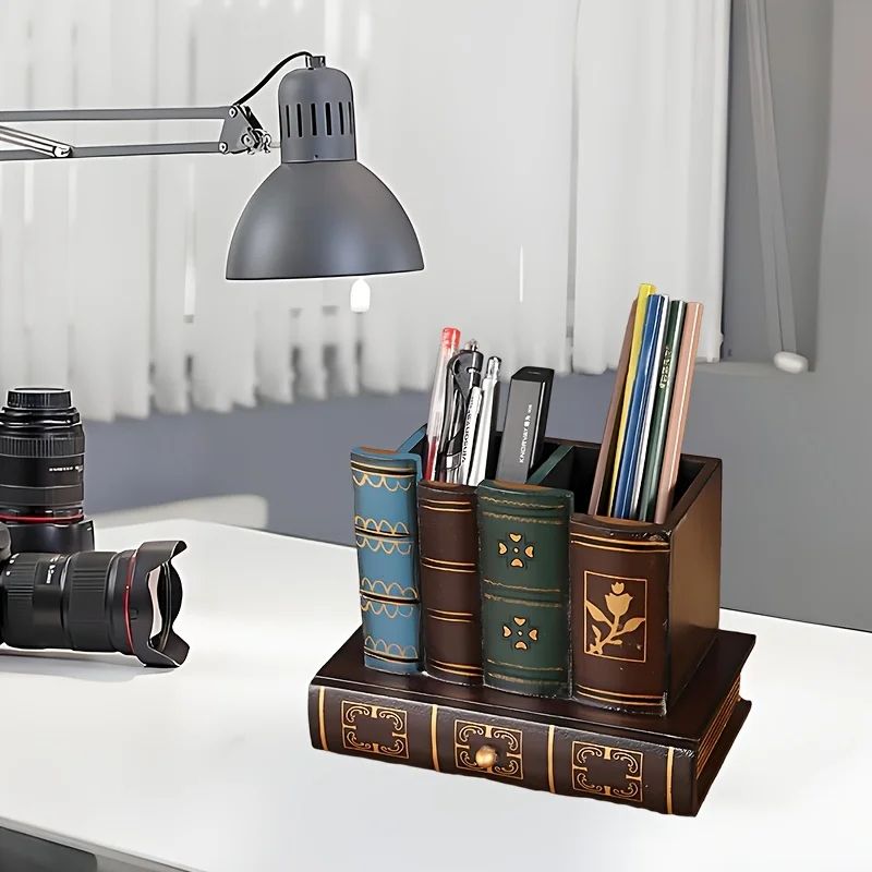 Rustic European Wooden Desk Organizer Pen Holder Box 1