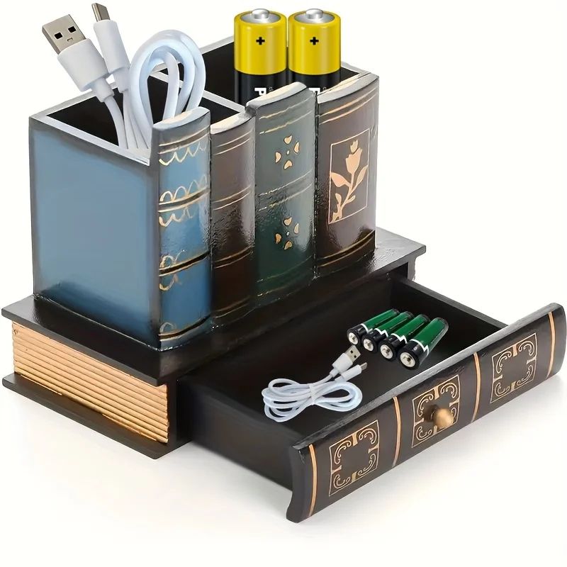 Rustic European Wooden Desk Organizer Pen Holder Box 3