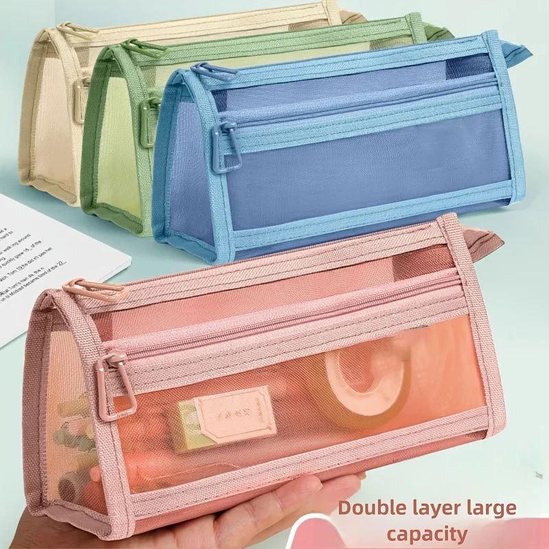 Clear Mesh Pencil Case DoubleLayer Pencil Pouch Travel Pen Bag Organizer 4