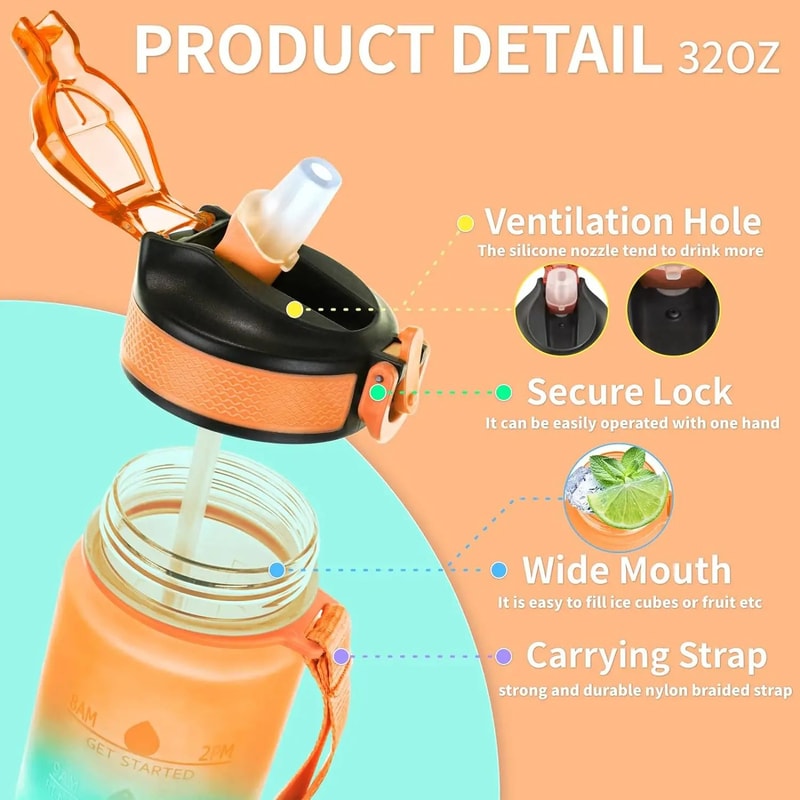 LargeCapacity Gradient 1000 Ml Sports Water Bottle With Straw Time Marker 4