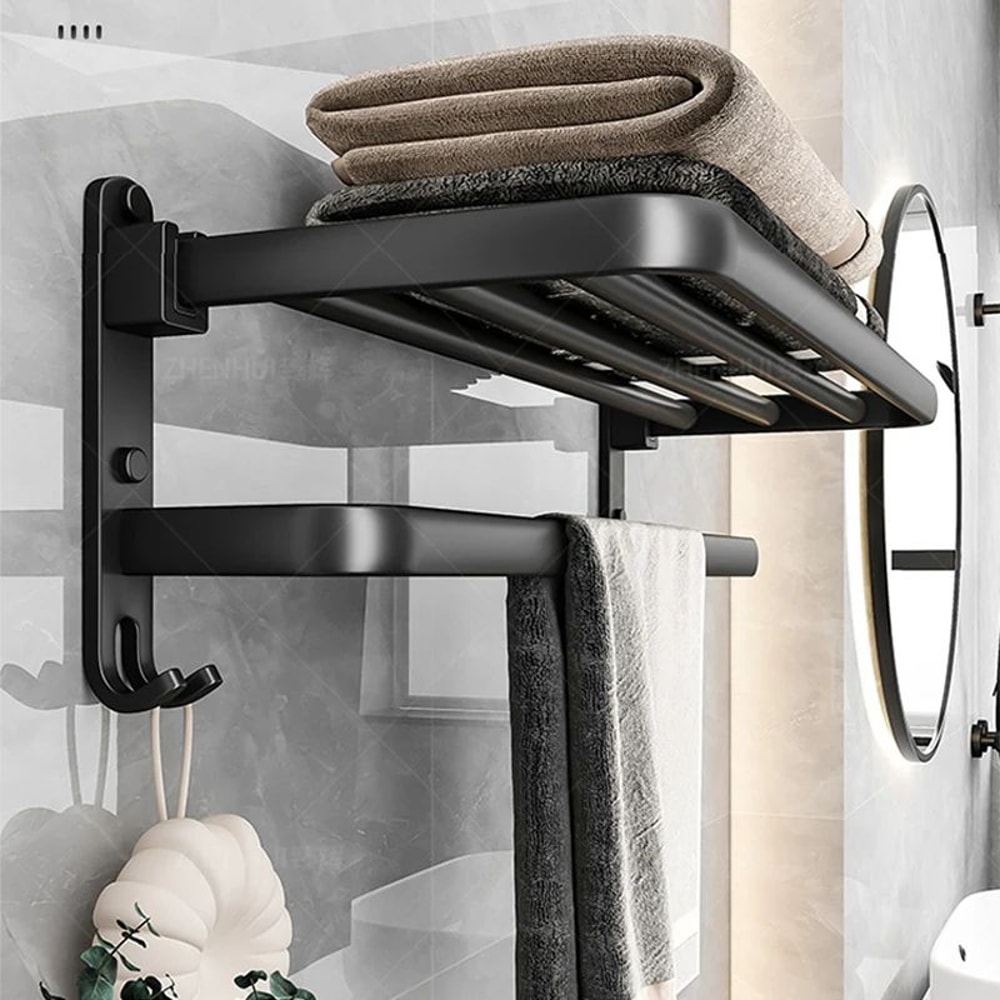 MatteBlack 20Inch WallMount Foldable Towel Rack Hook SpaceSaving Bathroom Organizer 1