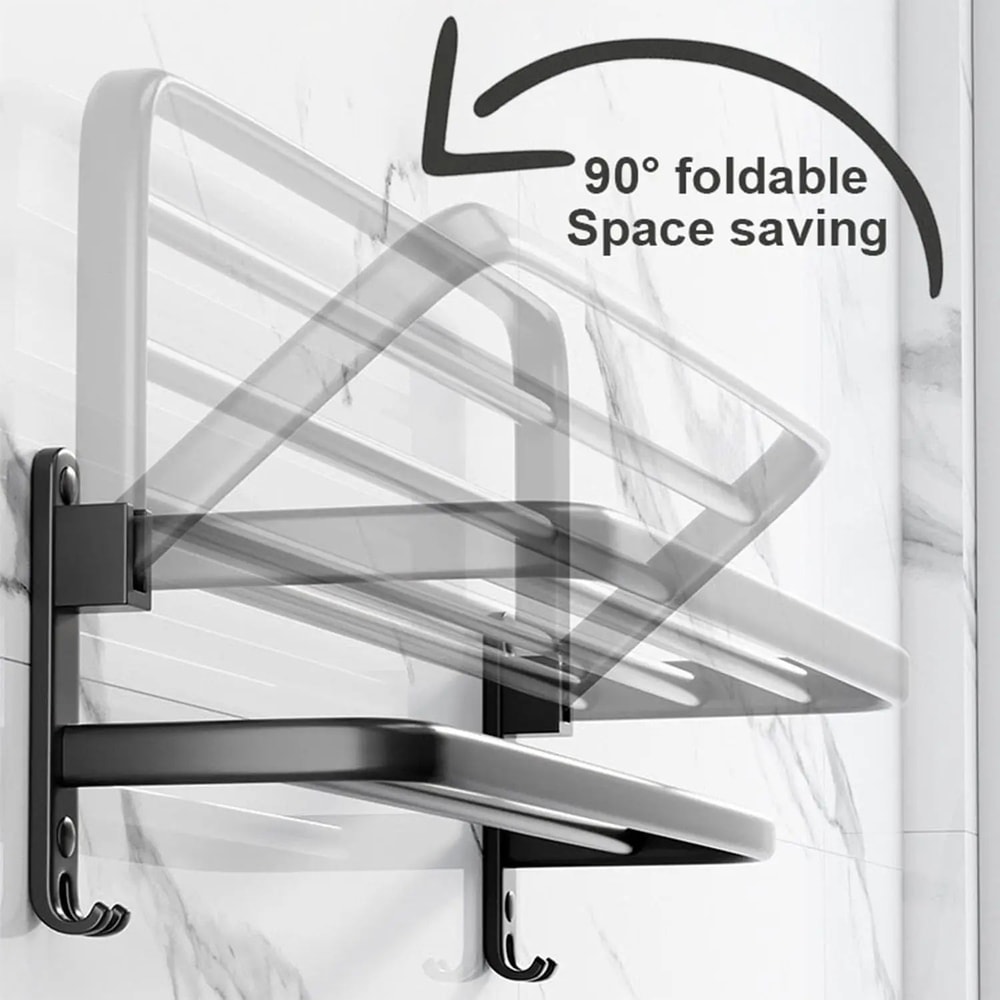 MatteBlack 20Inch WallMount Foldable Towel Rack Hook SpaceSaving Bathroom Organizer 3