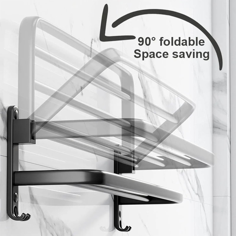 MatteBlack 20Inch WallMount Foldable Towel Rack Hook SpaceSaving Bathroom Organizer 3