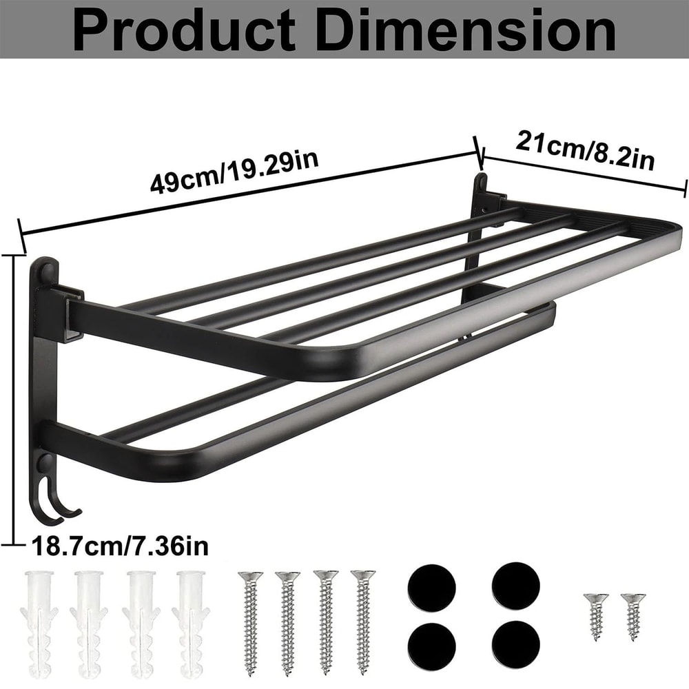 MatteBlack 20Inch WallMount Foldable Towel Rack Hook SpaceSaving Bathroom Organizer 4