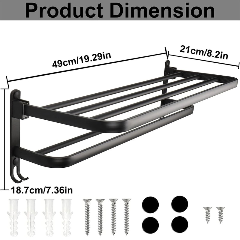 MatteBlack 20Inch WallMount Foldable Towel Rack Hook SpaceSaving Bathroom Organizer 4
