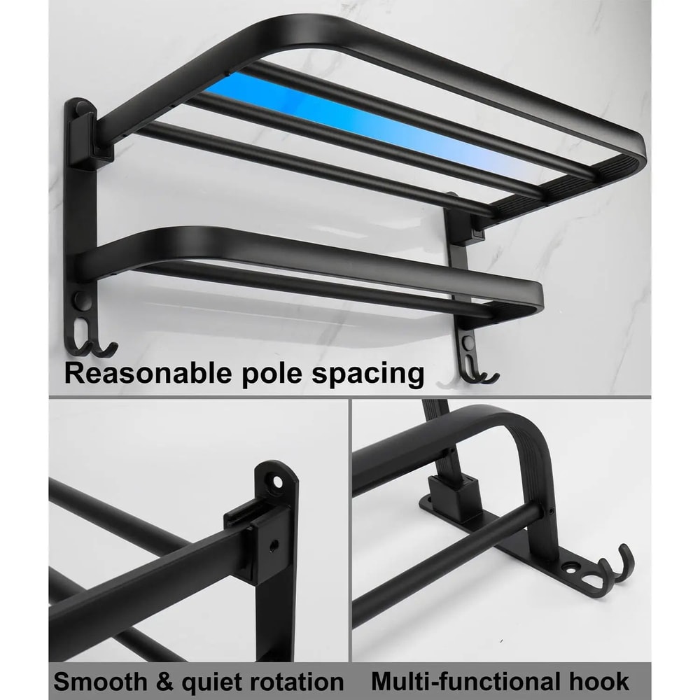 MatteBlack 20Inch WallMount Foldable Towel Rack Hook SpaceSaving Bathroom Organizer 5